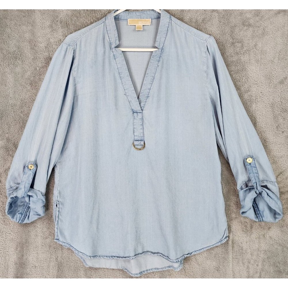 Michael Michael Kors Shirt Womens Medium Blue Chambray Distressed Momcore Blouse